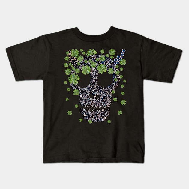 Creepy Mechanical Skull Green Clovers Retro St Patricks Day Kids T-Shirt by Ai Wanderer